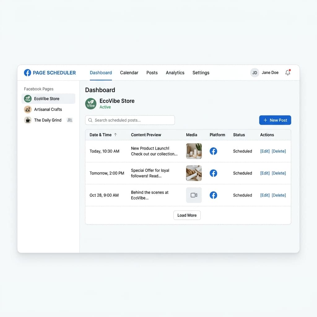 The Auto Post dashboard: a list of Facebook Pages on the left and a table of scheduled posts on the right, with date and time, content preview, and status