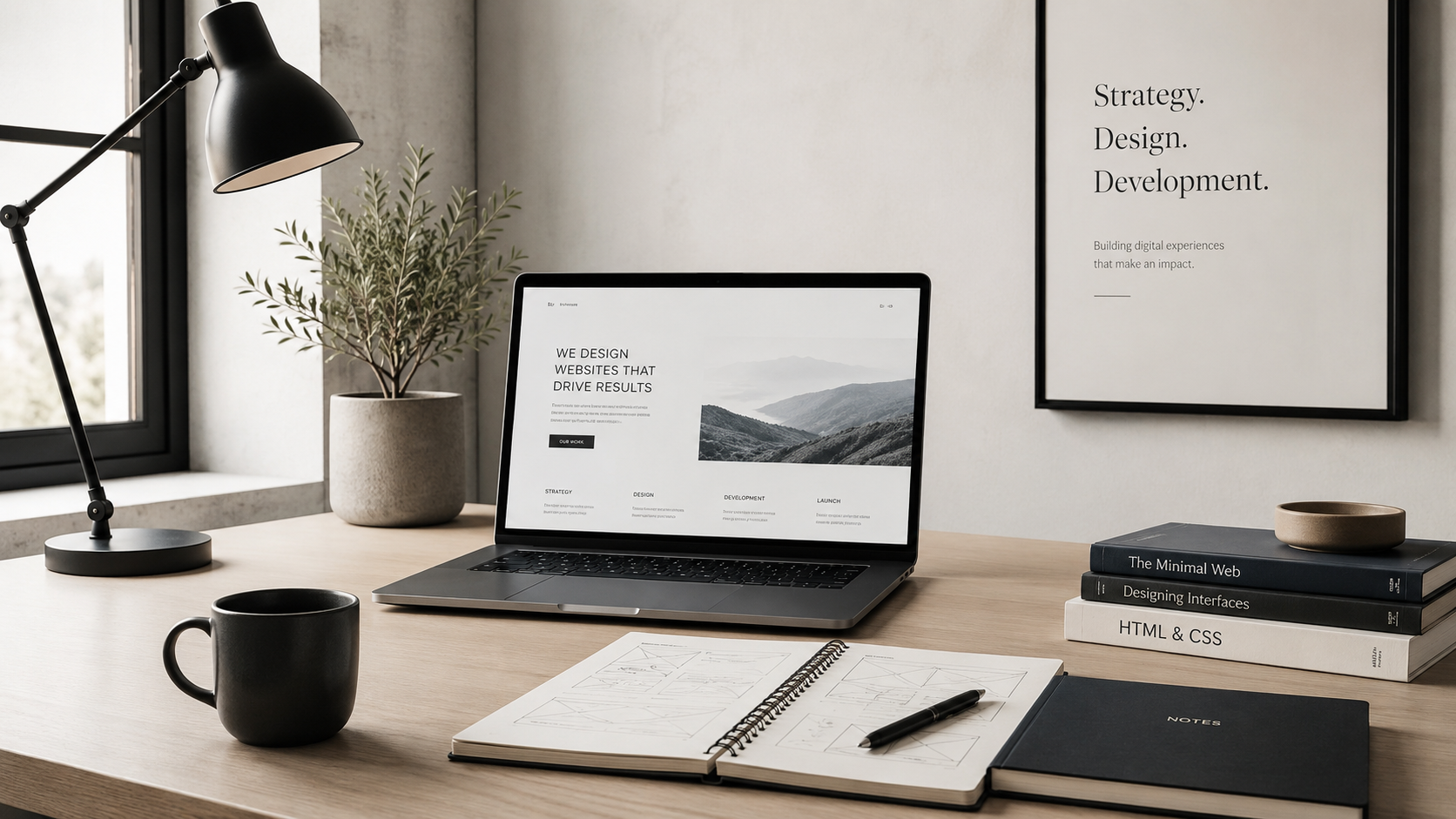 โต๊ะทำงานสตูดิโอออกแบบเว็บไซต์ — แล็ปท็อป สมุดสเก็ตช์ และกรอบรูป Strategy, Design, Development